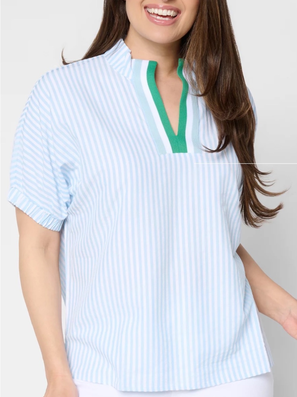 Striped Split-Neck Women's Top in Light Blue with Green Trim